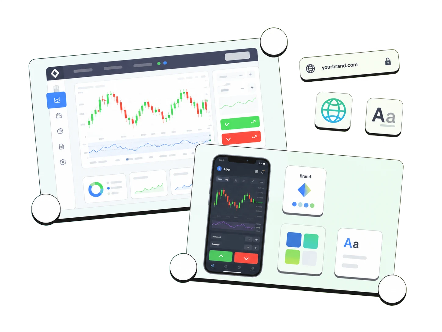 Interface de trading white-label com domínio, identidade visual, app mobile e componentes de marca