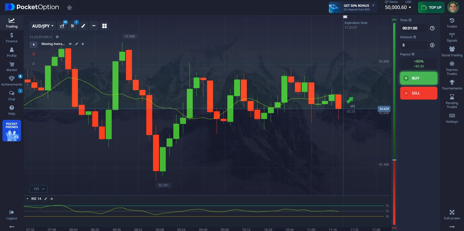 Pocket Option-style dark traderoom reference with chart and order panel